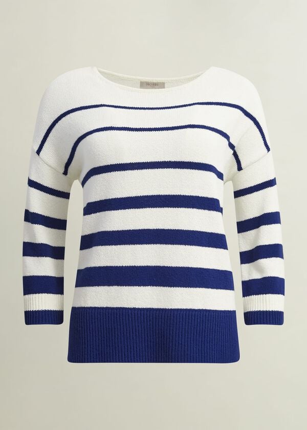 Hobbs Elaine Stripe Cotton Blend Jumper Ivory Blue