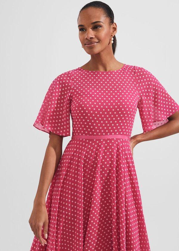 Hobbs Eleanor Spot Fit And Flare Dress Pink Ivory