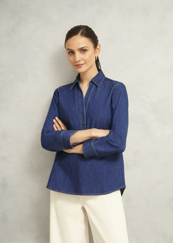 hobbs Elena Denim Blouse Mid Wash Blue