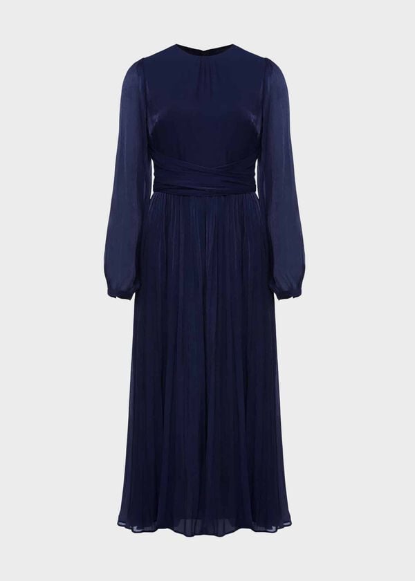 Hobbs Elina Metallic Pleated Dress Midnight Navy
