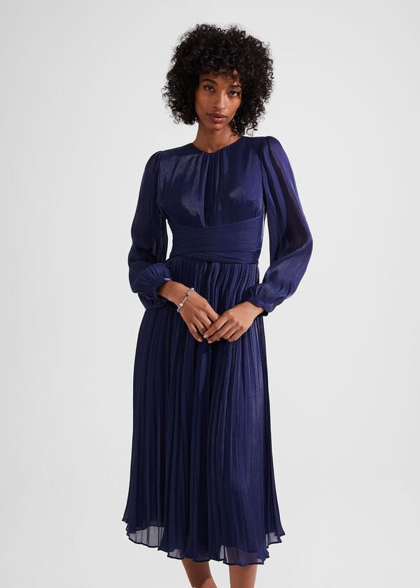 Hobbs Elina Metallic Pleated Dress Midnight Navy