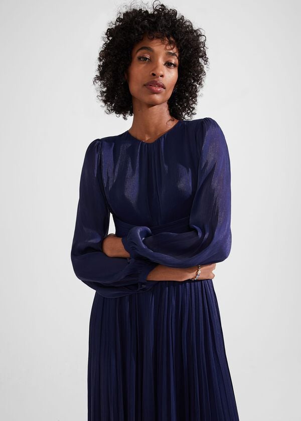 Hobbs Elina Metallic Pleated Dress Midnight Navy