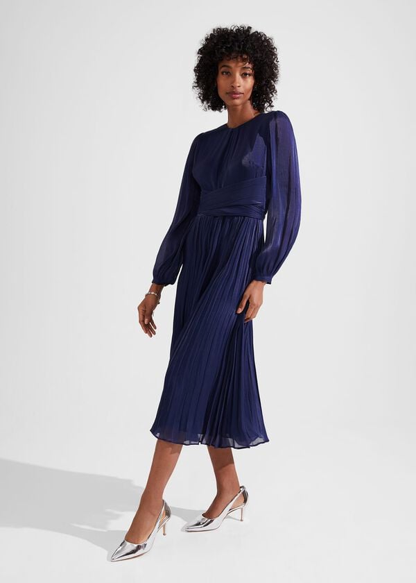 hobbs Elina Metallic Pleated Dress Midnight Navy