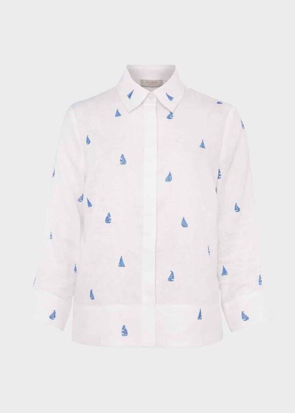 Hobbs Embroidered Nita Linen Shirt White Sky Blue