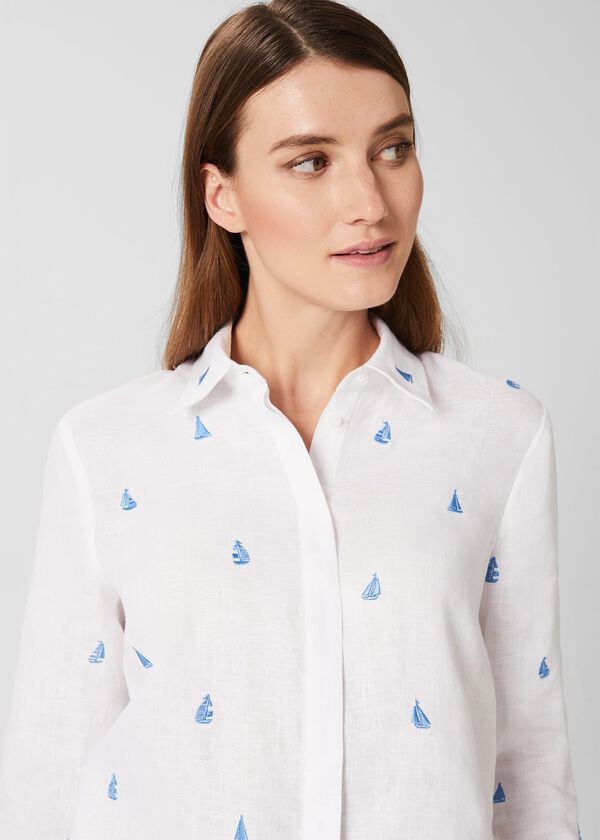 Hobbs Embroidered Nita Linen Shirt White Sky Blue