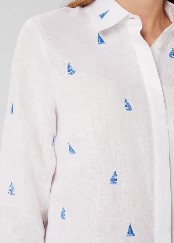Hobbs Embroidered Nita Linen Shirt White Sky Blue