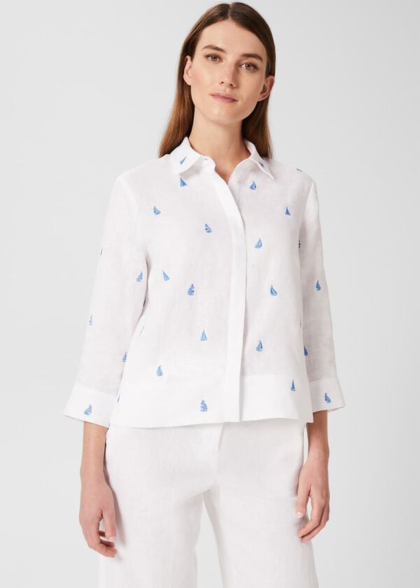 hobbs Embroidered Nita Linen Shirt White Sky Blue