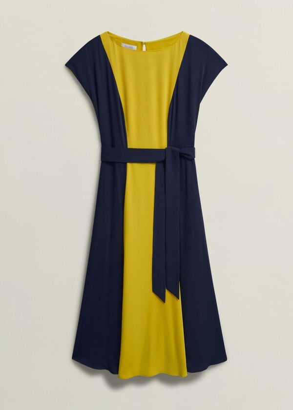 Hobbs Emery Tie Belted Dress Navy Yellow