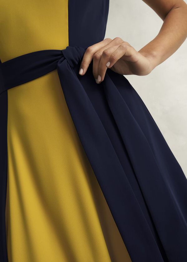 Hobbs Emery Tie Belted Dress Navy Yellow
