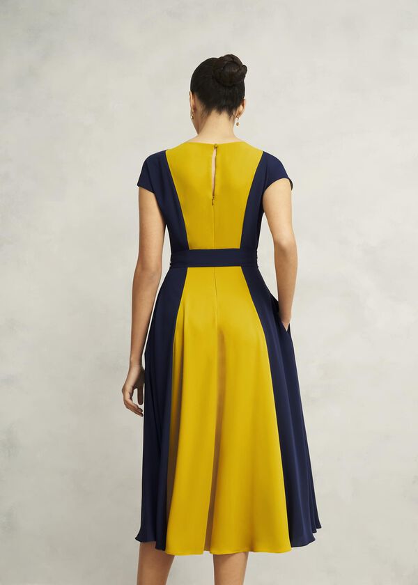 Hobbs Emery Tie Belted Dress Navy Yellow