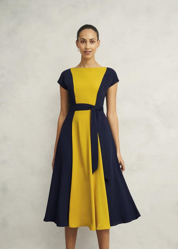 hobbs Emery Tie Belted Dress Navy Yellow