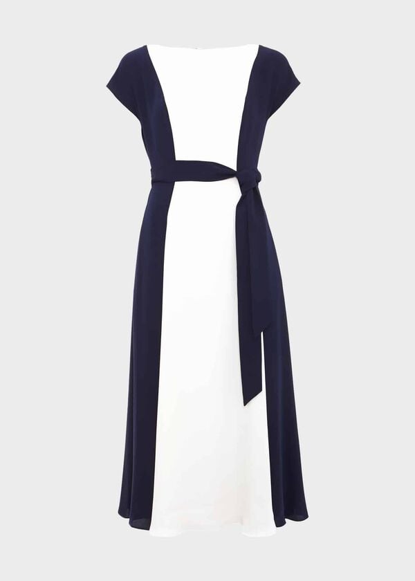 Hobbs Emery Tie Belted Midi Dress Navy Cream
