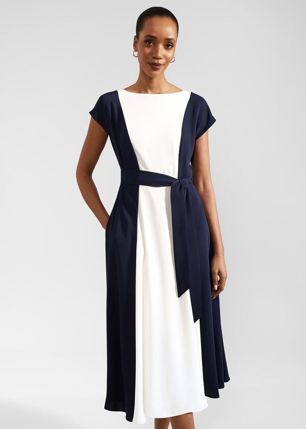 Hobbs Emery Tie Belted Midi Dress Navy Cream