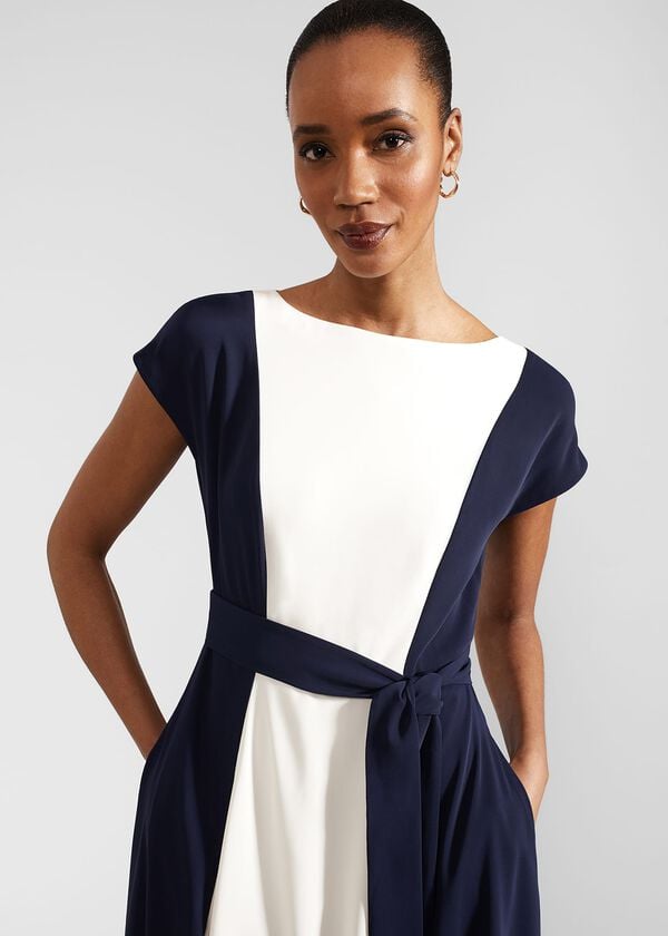 Hobbs Emery Tie Belted Midi Dress Navy Cream
