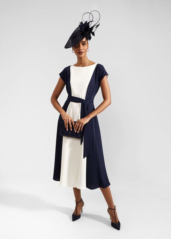 hobbs Emery Tie Belted Midi Dress Navy Cream
