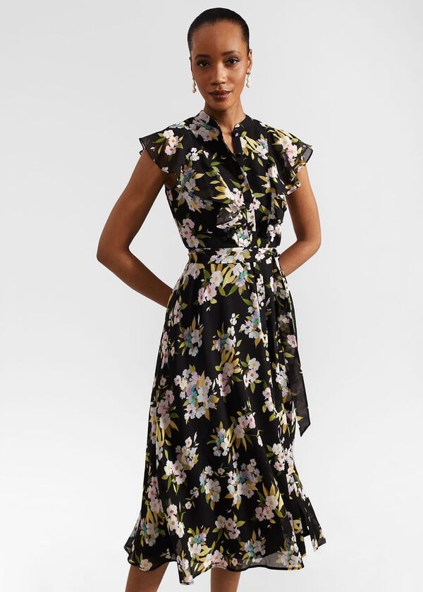 Hobbs Erica Belted Midi Dress Black Multi