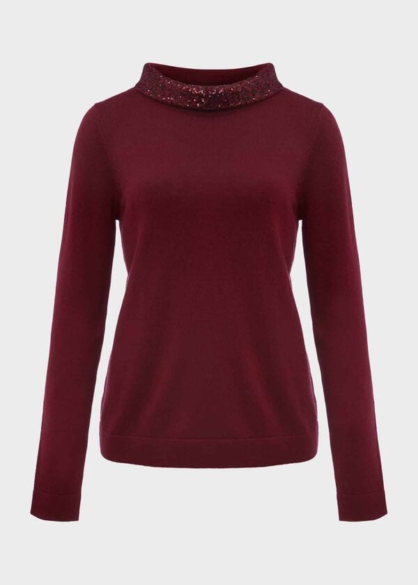 Hobbs Esther Sequin Wool Cashmere Jumper Burgundy