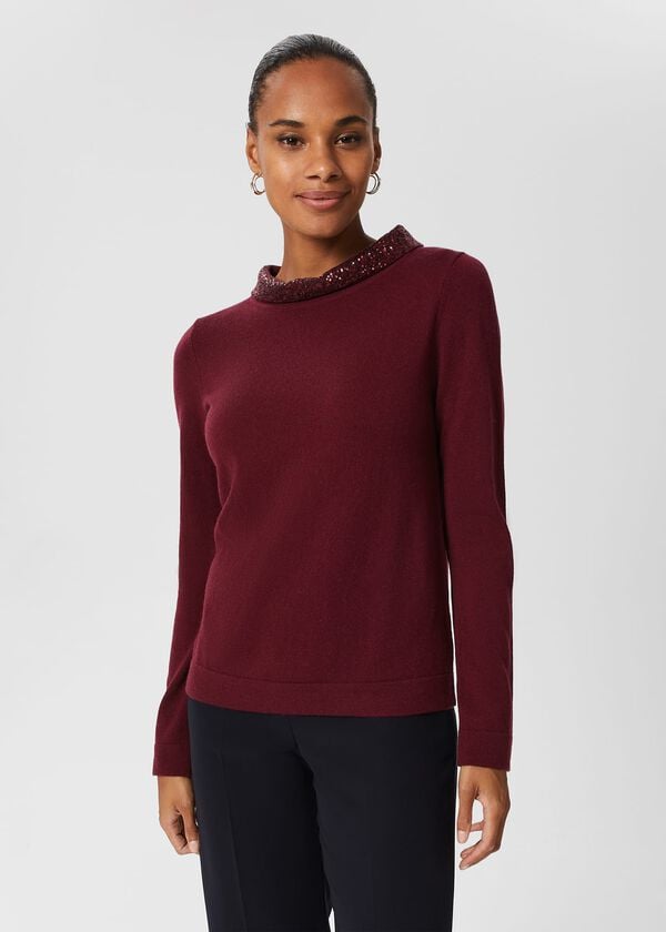 Hobbs Esther Sequin Wool Cashmere Jumper Burgundy