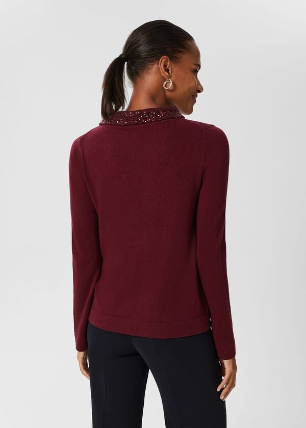 Hobbs Esther Sequin Wool Cashmere Jumper Burgundy