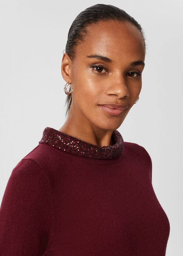 hobbs Esther Sequin Wool Cashmere Jumper Burgundy
