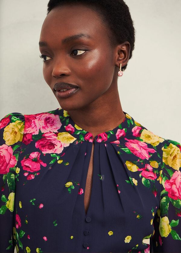 Hobbs Eva Floral Silk Dress Navy Multi