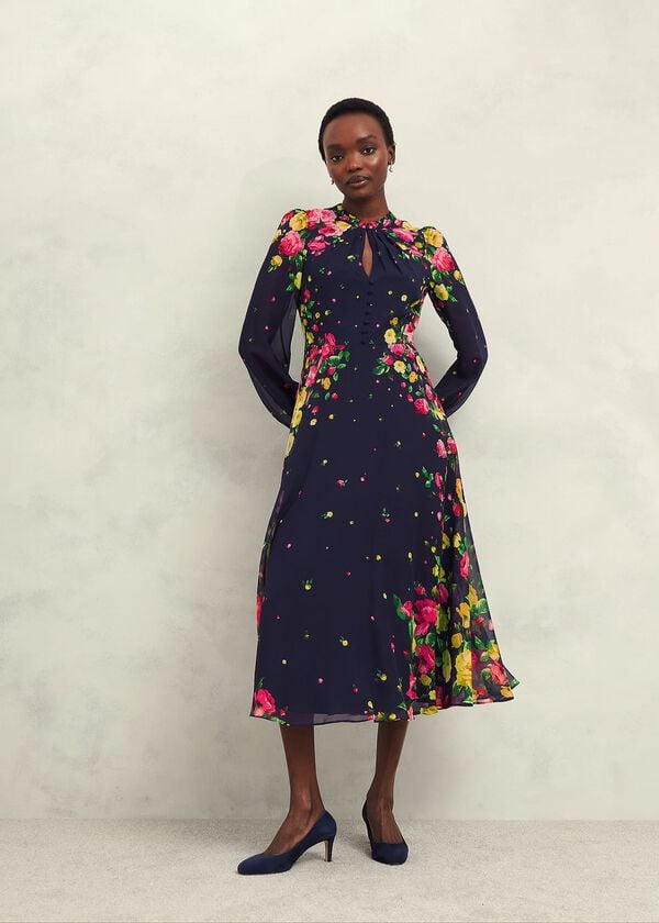 hobbs Eva Floral Silk Dress Navy Multi