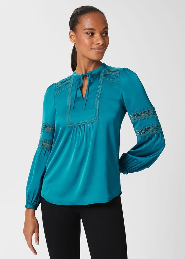 Hobbs Evianna Lace Detail Blouse Deep Jade Blue