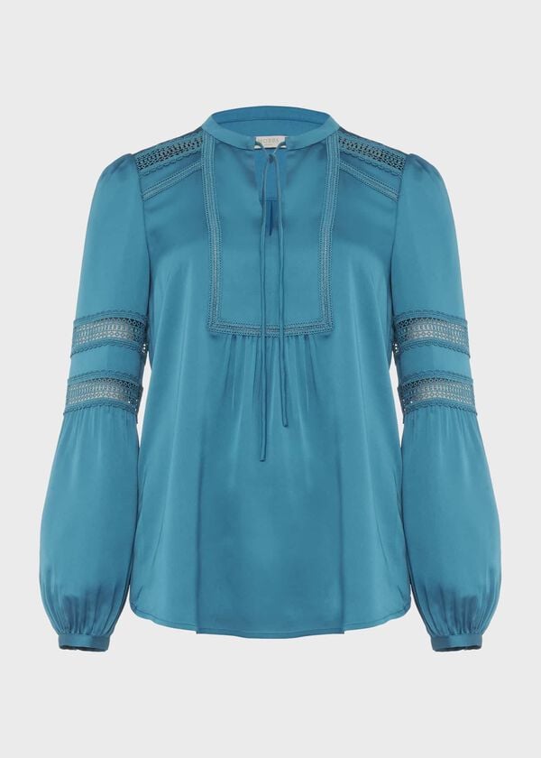 Hobbs Evianna Lace Detail Blouse Deep Jade Blue