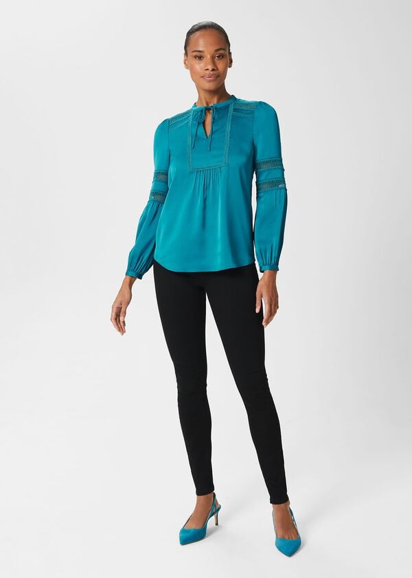 hobbs Evianna Lace Detail Blouse Deep Jade Blue