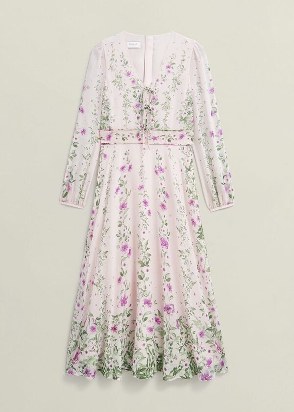 Hobbs Fay Silk Bow Detail Dress Pink Multi