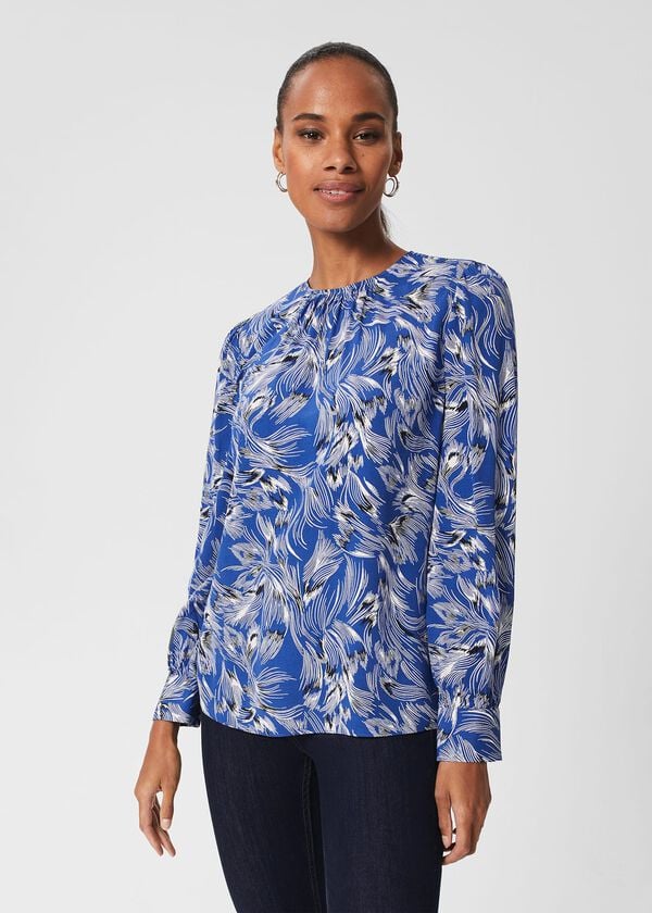 Hobbs Fern Printed Blouse Blue Multi