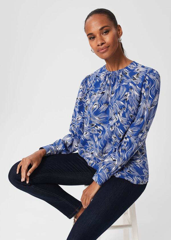 hobbs Fern Printed Blouse Blue Multi