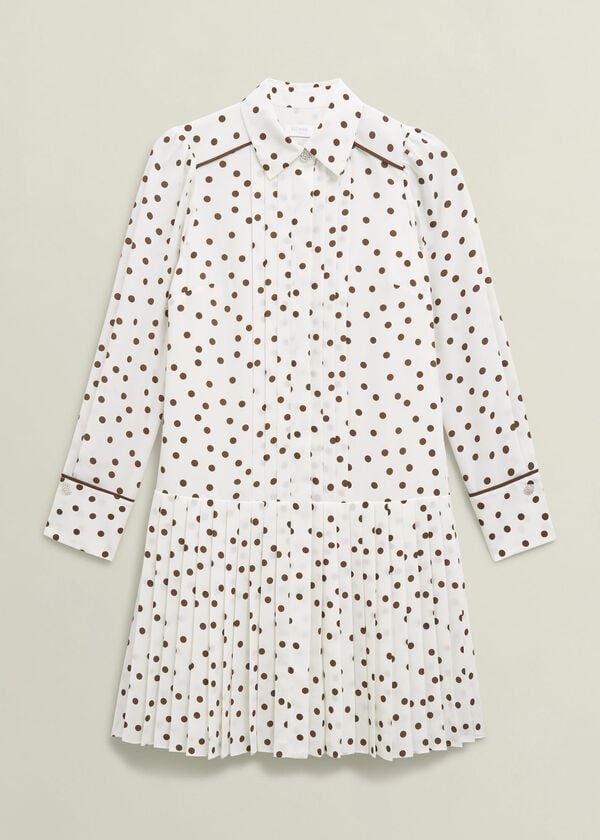 Hobbs Francesca Pleated Spot Dress Ivory Brown