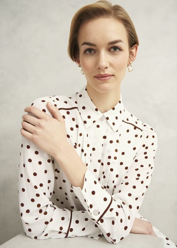 Hobbs Francesca Pleated Spot Dress Ivory Brown