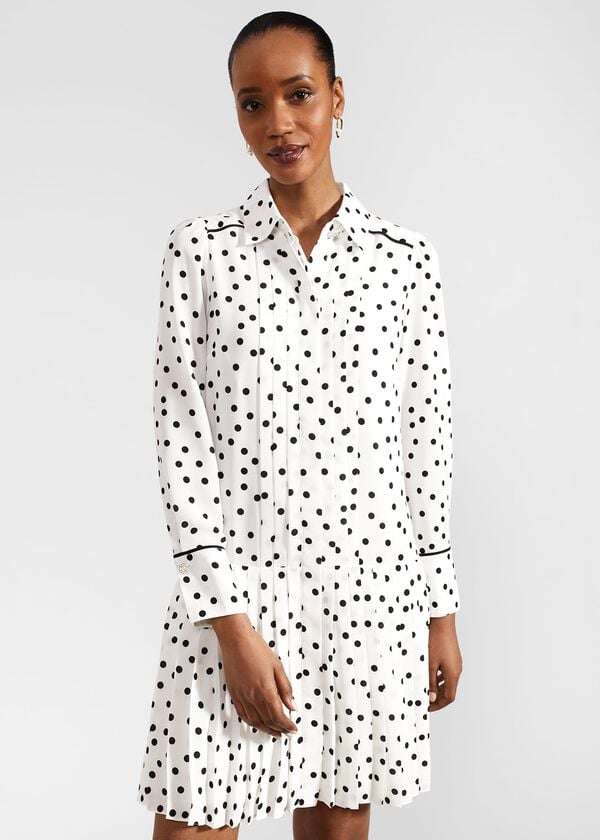 Hobbs Francesca Spot Pleated Dress Ivory Black