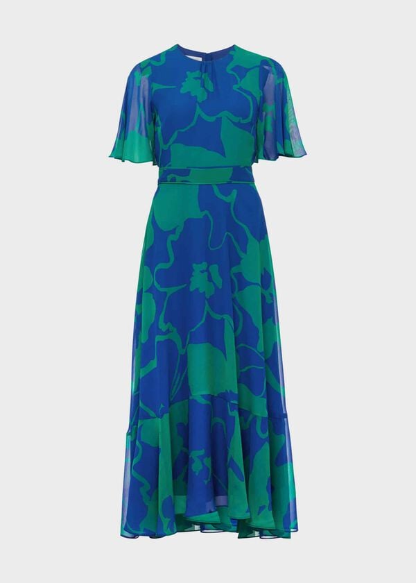 Hobbs Freya Silk Fit And Flare Dress Blue Green