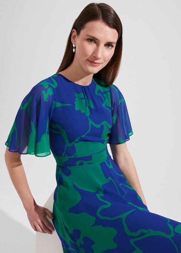 Hobbs Freya Silk Fit And Flare Dress Blue Green
