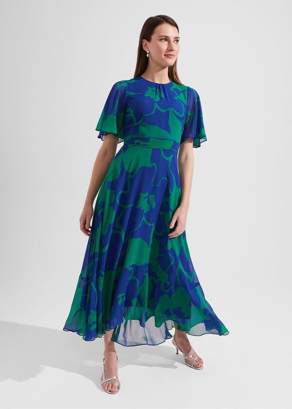 hobbs Freya Silk Fit And Flare Dress Blue Green