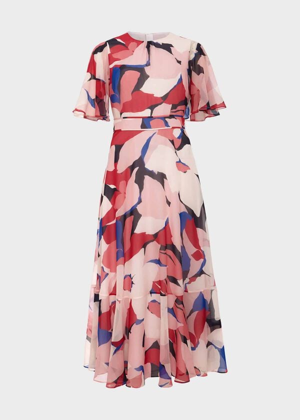 Hobbs Freya Silk Midi Dress Navy Pink Multi