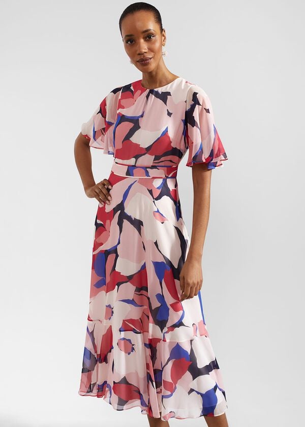 Hobbs Freya Silk Midi Dress Navy Pink Multi