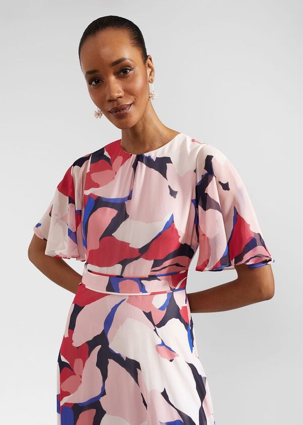 Hobbs Freya Silk Midi Dress Navy Pink Multi