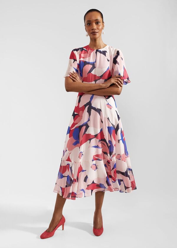 hobbs Freya Silk Midi Dress Navy Pink Multi