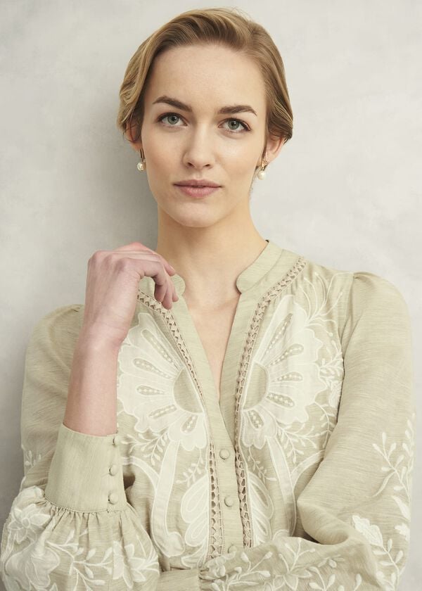 Hobbs Frida Embroidered Dress Beige