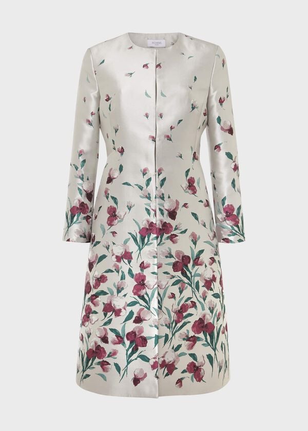 Hobbs Gwen Floral Jacquard Coat Oyster Multi