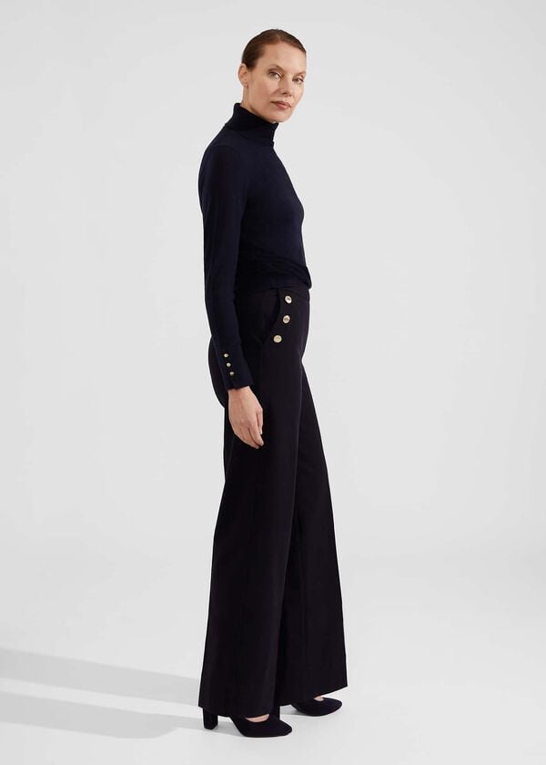 Hobbs Hana Wide Leg Cotton Blend Trousers Navy