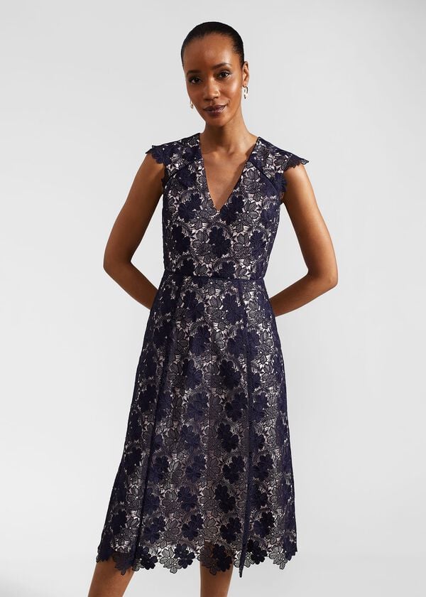 Hobbs Hannah Lace Dress Navy Pale Pink