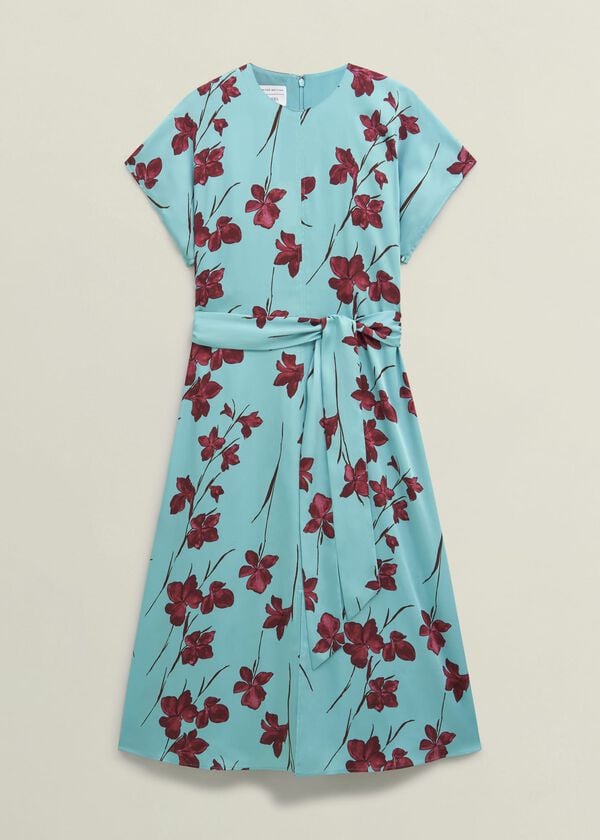 Hobbs Hardwick Floral Tie Waist Dress Blue Brown
