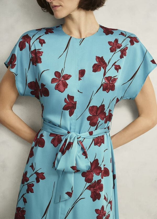 Hobbs Hardwick Floral Tie Waist Dress Blue Brown