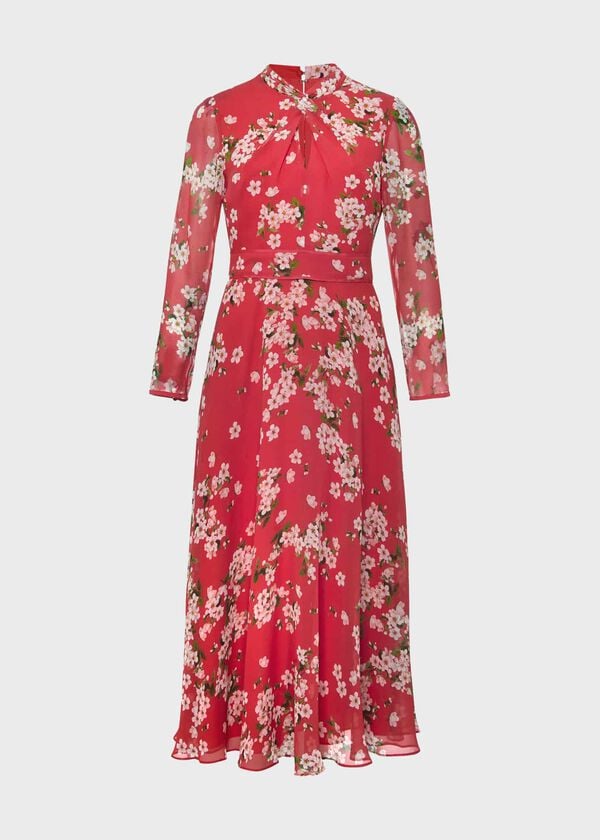 Hobbs Helena Silk Fit And Flare Dress Pink Multi