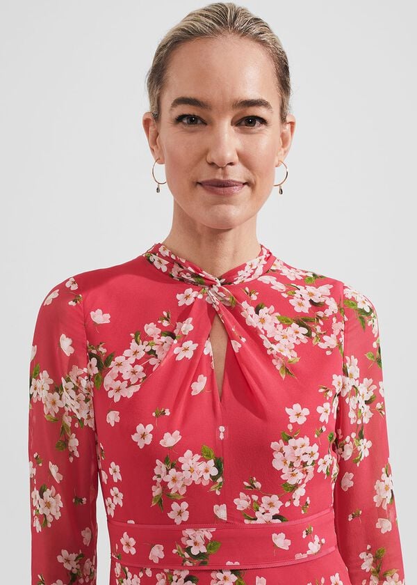Hobbs Helena Silk Fit And Flare Dress Pink Multi